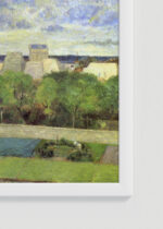 Zbliżenie na detale plakatu oprawionego w drewnianą białą ramkę od Plakatello®: Paul Gauguin krajobraz tahitański postimpresjonizm