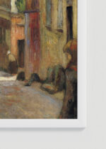 Zbliżenie na detale plakatu oprawionego w drewnianą białą ramkę od Plakatello®: Paul Gauguin Pont-Aven bretońska uliczka 1888