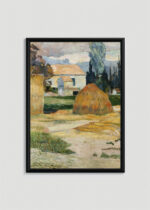 Plakat w drewnianej czarnej ramce: Paul Gauguin pejzaż wiejski chaty stóg siana