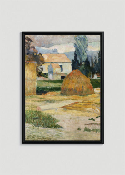 Plakat w drewnianej czarnej ramce: Paul Gauguin pejzaż wiejski chaty stóg siana