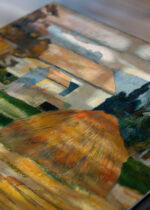 Zbliżenie na detale plakatu: Paul Gauguin pejzaż wiejski chaty stóg siana