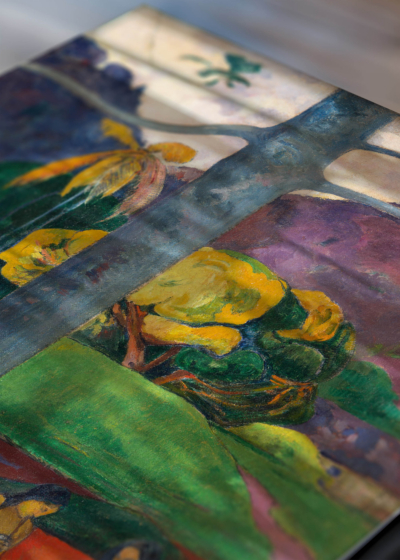 Zbliżenie na detale plakatu: Mata Mua Paul Gauguin 1892 Tahiti postimpresjonizm