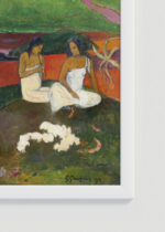 Zbliżenie na detale plakatu oprawionego w drewnianą białą ramkę od Plakatello®: Mata Mua Paul Gauguin 1892 Tahiti postimpresjonizm