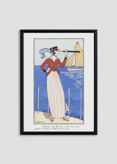 Plakat oprawiony w drewnianą brązową ramkę Vintage Italia: Kostium jachtowy George Barbier 1914 Art Deco