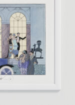 Zbliżenie na detale plakatu oprawionego w drewnianą białą ramkę od Plakatello®: Art Deco George Barbier elegancka moda lata 20