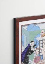 Aranżacja wnętrza, na ścianie wisi plakat w ramce: L'eau George Barbier Art Deco kobieta kąpiel