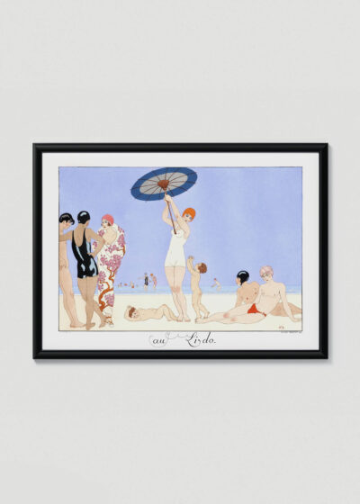 Plakat w drewnianej czarnej ramce: au Lido plaża Art Deco George Barbier 1919