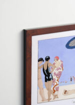 Plakat oprawiony w drewnianą brązową ramkę Vintage Italia: au Lido plaża Art Deco George Barbier 1919