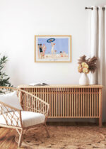 Aranżacja wnętrza, na ścianie wisi plakat w ramce: au Lido plaża Art Deco George Barbier 1919