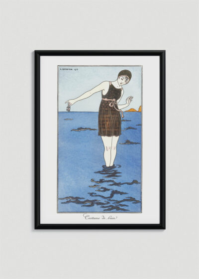 Plakat oprawiony w drewnianą brązową ramkę Vintage Italia: Art Deco kobieta na plaży George Barbier 1913