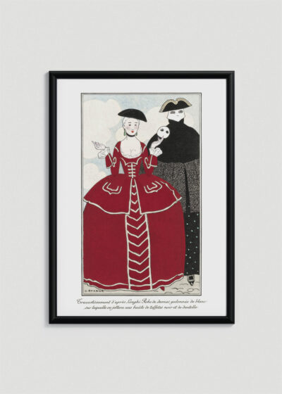 Plakat oprawiony w drewnianą brązową ramkę Vintage Italia: George Barbier Art Deco para w strojach rokoko