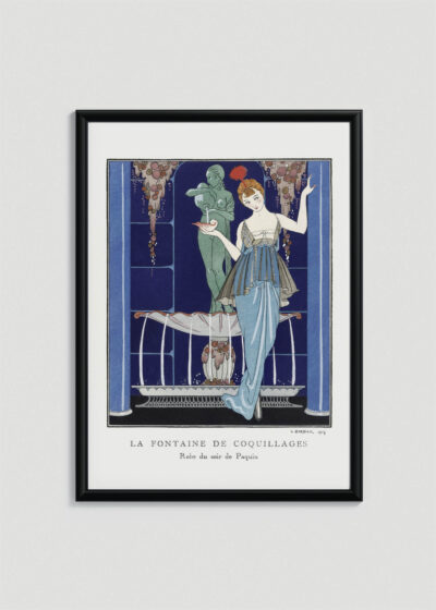 Plakat oprawiony w drewnianą brązową ramkę Vintage Italia: Art Déco Perłowa Fontanna George Barbier 1914