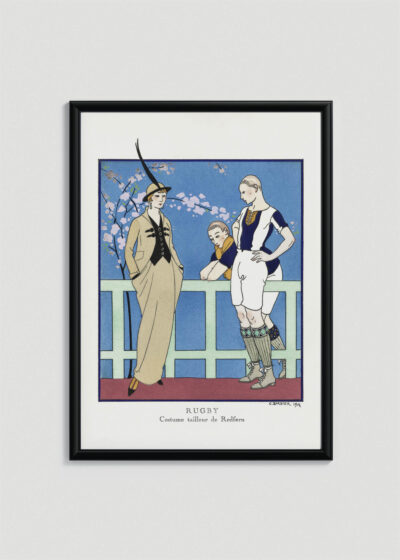 Plakat oprawiony w drewnianą brązową ramkę Vintage Italia: Rugby Costume tailleur George Barbier Art Deco