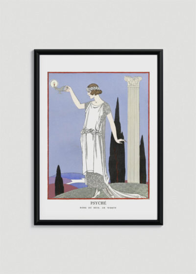 Plakat oprawiony w drewnianą brązową ramkę Vintage Italia: Psyché George Barbier ilustracja mody Art Deco