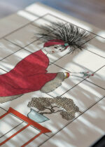 Widok z góry na cztery drewniane ramki, w jednej z nich oprawiony plakat Art Deco George Barbier elegancka dama 1912