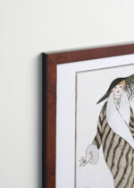 Aranżacja wnętrza, na ścianie wisi plakat w ramce: Art Deco George Barbier moda kobieta futro 1912