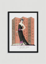 Plakat oprawiony w drewnianą brązową ramkę Vintage Italia: Art Deco George Barbier Le Paravent Rouge Worth