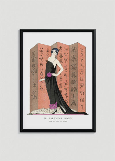 Plakat oprawiony w drewnianą brązową ramkę Vintage Italia: Art Deco George Barbier Le Paravent Rouge Worth