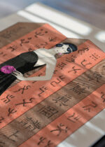 Widok z góry na cztery drewniane ramki, w jednej z nich oprawiony plakat Art Deco George Barbier Le Paravent Rouge Worth