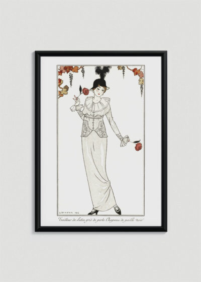 Plakat oprawiony w drewnianą brązową ramkę Vintage Italia: Tancerka w czarnym kapeluszu Art Deco George Barbier