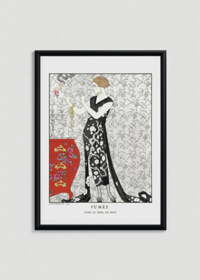 Plakat oprawiony w drewnianą brązową ramkę Vintage Italia: Fumée George Barbier Art Deco kobieta w sukni