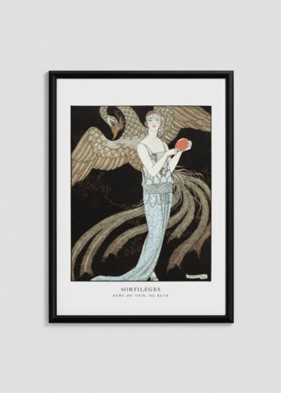 Plakat oprawiony w drewnianą brązową ramkę Vintage Italia: Sortilèges George Barbier 1925 Art Deco kobieta
