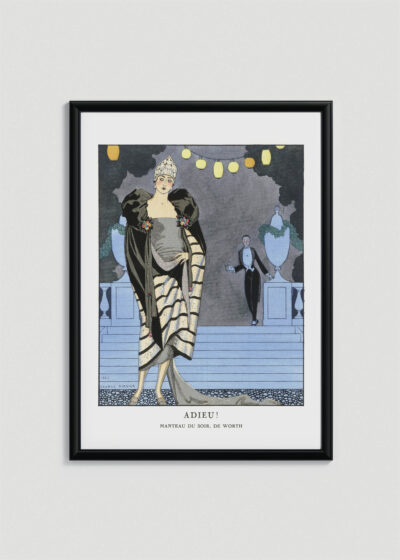 Plakat oprawiony w drewnianą brązową ramkę Vintage Italia: Art Deco Adieu George Barbier moda lata 20
