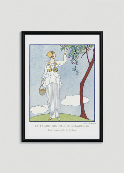 Plakat oprawiony w drewnianą brązową ramkę Vintage Italia: La Saison des Prunes Mirabelles George Barbier