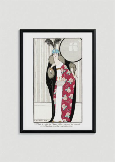 Plakat oprawiony w drewnianą brązową ramkę Vintage Italia: moda 1912 George Barbier Art Deco czerwona suknia