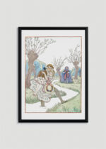 Plakat oprawiony w drewnianą brązową ramkę Vintage Italia: George Barbier Art Deco para zakochanych zima