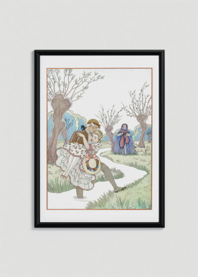 Plakat oprawiony w drewnianą brązową ramkę Vintage Italia: George Barbier Art Deco para zakochanych zima