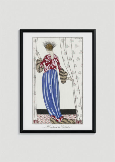 Plakat oprawiony w drewnianą brązową ramkę Vintage Italia: Manteau de Théâtre George Barbier art deco moda
