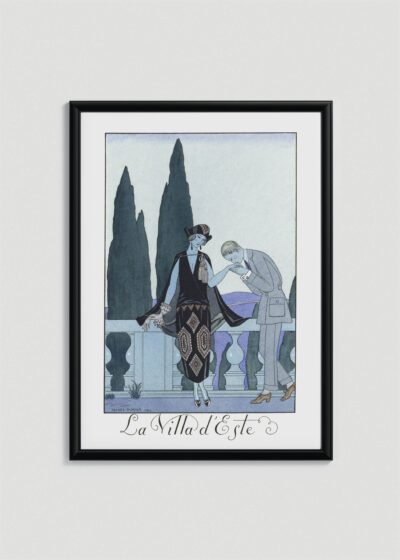 Plakat oprawiony w drewnianą brązową ramkę Vintage Italia: La Villa d'Este George Barbier Art Deco 1922