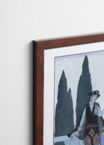 Aranżacja wnętrza, na ścianie wisi plakat w ramce: La Villa d'Este George Barbier Art Deco 1922