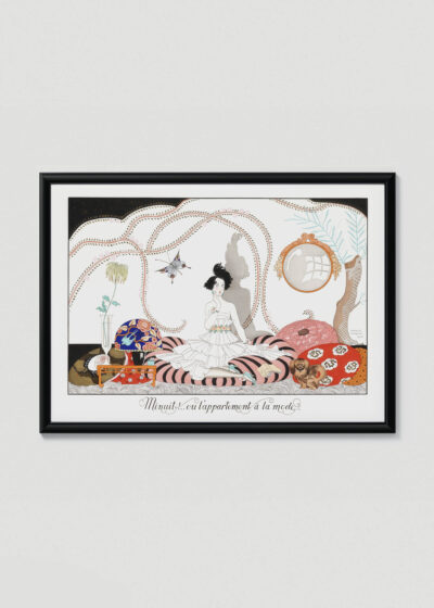 Plakat w drewnianej czarnej ramce: George Barbier Art Deco Dama z motylem i psem 1920