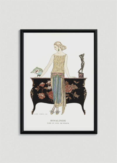 Plakat oprawiony w drewnianą brązową ramkę Vintage Italia: Art Deco Rosalinde George Barbier 1922 moda
