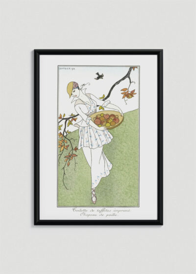 Plakat oprawiony w drewnianą brązową ramkę Vintage Italia: George Barbier Art Deco kobieta z owocami 1914