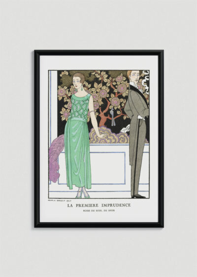 Plakat oprawiony w drewnianą brązową ramkę Vintage Italia: Art Deco George Barbier La Première Imprudence