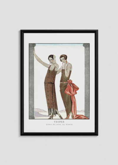 Plakat oprawiony w drewnianą brązową ramkę Vintage Italia: Vesper George Barbier 1922 moda Art Deco Worth