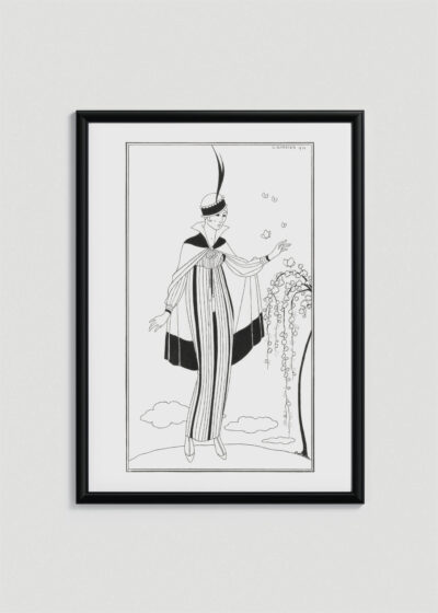 Plakat oprawiony w drewnianą brązową ramkę Vintage Italia: Kobieta z motylami George Barbier art déco 1914