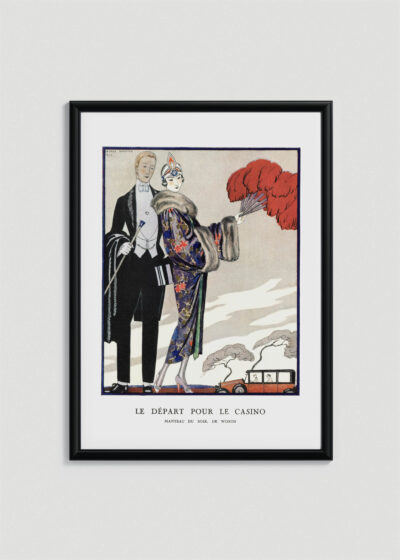 Plakat oprawiony w drewnianą brązową ramkę Vintage Italia: Art Deco George Barbier Le Départ pour le Casino 1923