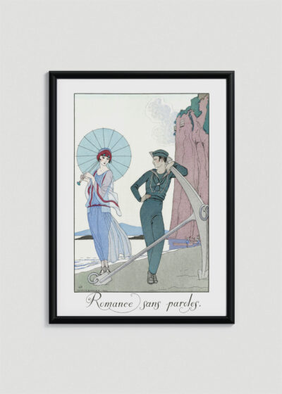 Plakat oprawiony w drewnianą brązową ramkę Vintage Italia: Romance sans paroles Kobieta z Marynarzem George Barbier art déco