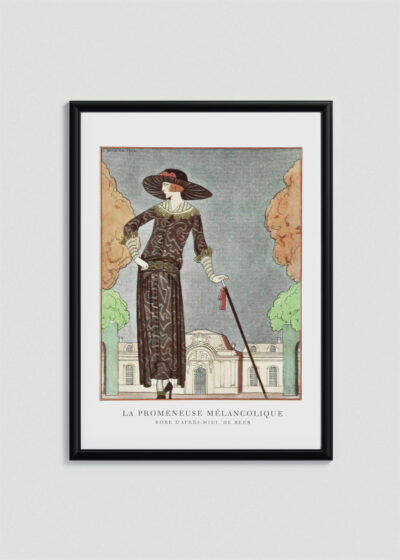 Plakat oprawiony w drewnianą brązową ramkę Vintage Italia: La Promeneuse Mélancolique George Barbier 1922