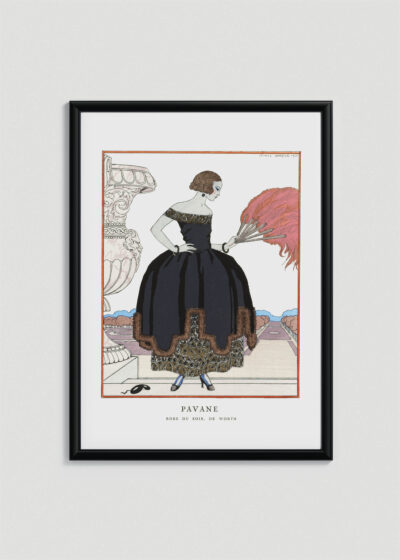 Plakat oprawiony w drewnianą brązową ramkę Vintage Italia: Pavane Kobieta z wachlarzem George Barbier 1921 art deco