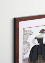 Aranżacja wnętrza, na ścianie wisi plakat w ramce: Pavane Kobieta z wachlarzem George Barbier 1921 art deco