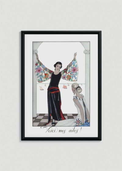 Plakat oprawiony w drewnianą brązową ramkę Vintage Italia: Art Deco George Barbier kobieta w szacie nad morzem