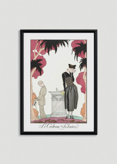 Plakat oprawiony w drewnianą brązową ramkę Vintage Italia: Le Cadran Solaire Zegar Słoneczny George Barbier Art Deco