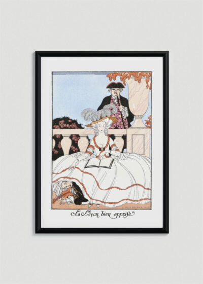 Plakat oprawiony w drewnianą brązową ramkę Vintage Italia: humorystyczny La Leçon bien apprise George Barbier Art Deco
