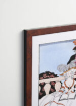 Aranżacja wnętrza, na ścianie wisi plakat w ramce: humorystyczny La Leçon bien apprise George Barbier Art Deco