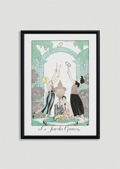 Plakat oprawiony w drewnianą brązową ramkę Vintage Italia: Le Jeu des Graces George Barbier Art Deco 1921
